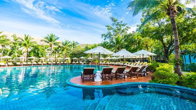 beach loungers by a pool